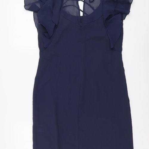 Warehouse Womens Blue Bamboo Shift Size 10 Round Neck Tie