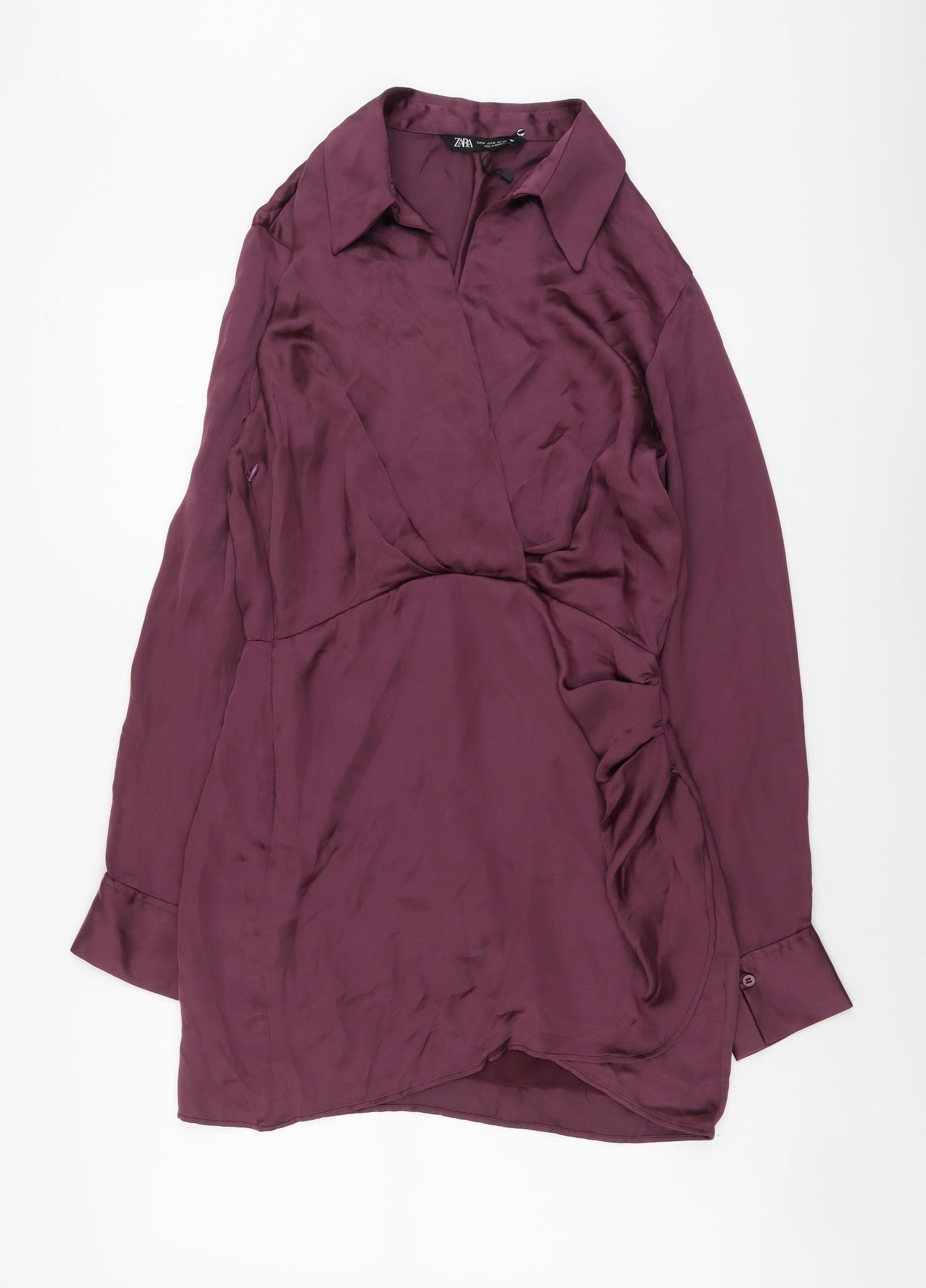 Zara Womens Purple Polyester Shirt Dress Size M Collared Zip