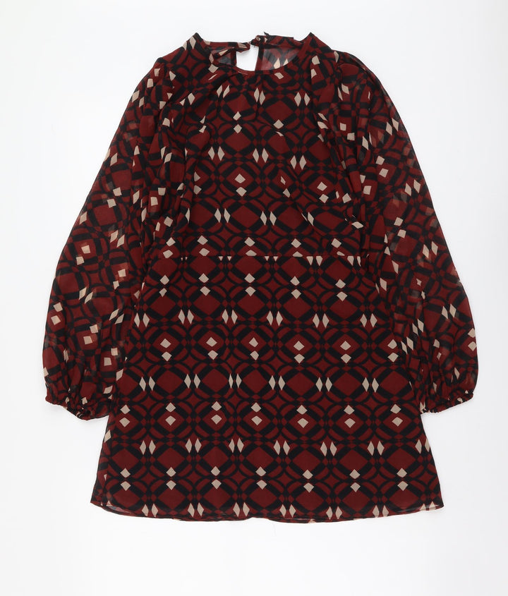 Zara Womens Brown Geometric Polyester Shift Size M Round Neck Button