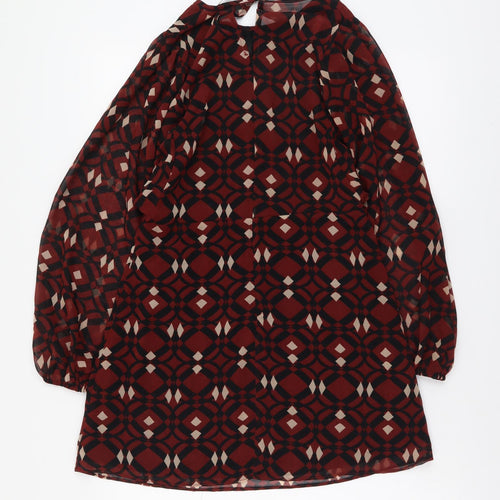 Zara Womens Brown Geometric Polyester Shift Size M Round Neck Button