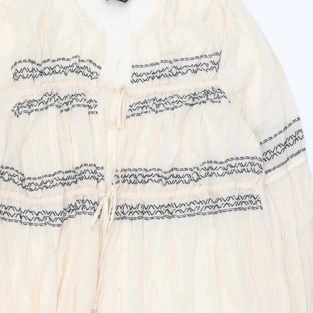 Marks and Spencer Womens Beige Geometric Cotton Kaftan Size M Roll Neck Tie