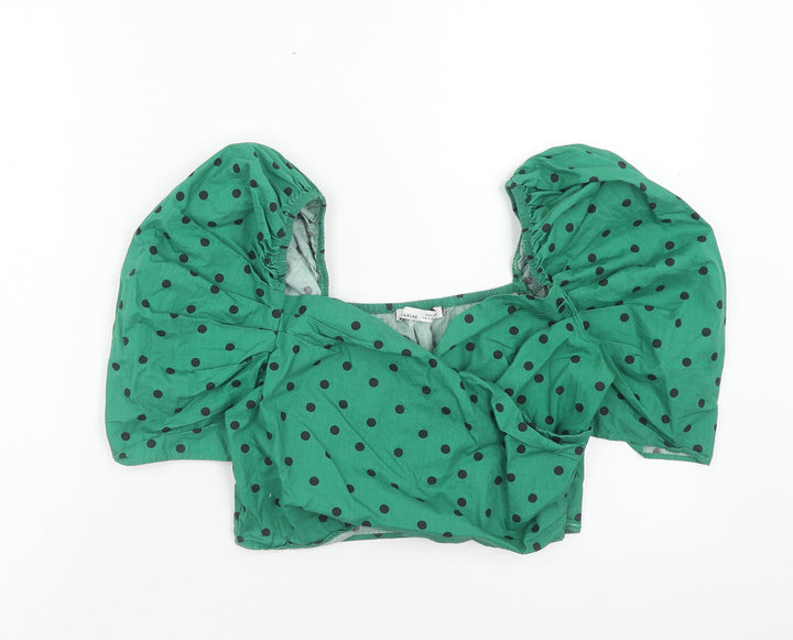 Pull&Bear Womens Green Polka Dot Cotton Cropped Blouse Size M Sweetheart