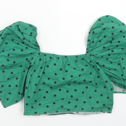 Pull&Bear Womens Green Polka Dot Cotton Cropped Blouse Size M Sweetheart