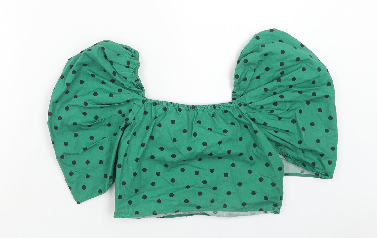 Pull&Bear Womens Green Polka Dot Cotton Cropped Blouse Size M Sweetheart