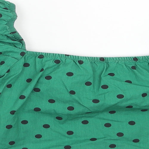 Pull&Bear Womens Green Polka Dot Cotton Cropped Blouse Size M Sweetheart