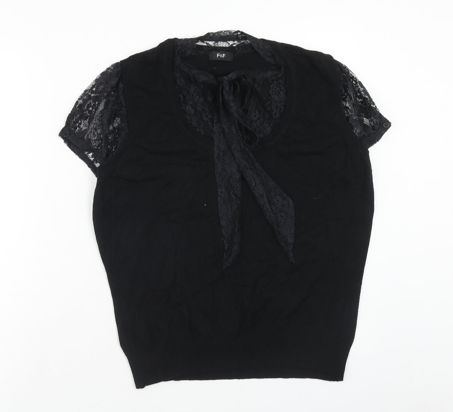 F&F Womens Black Viscose Basic Blouse Size 16 Round Neck - Lace Pussy Bow Detail