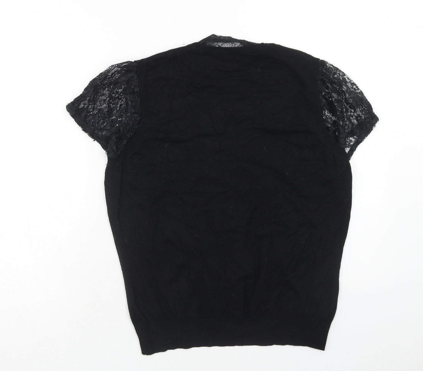 F&F Womens Black Viscose Basic Blouse Size 16 Round Neck - Lace Pussy Bow Detail