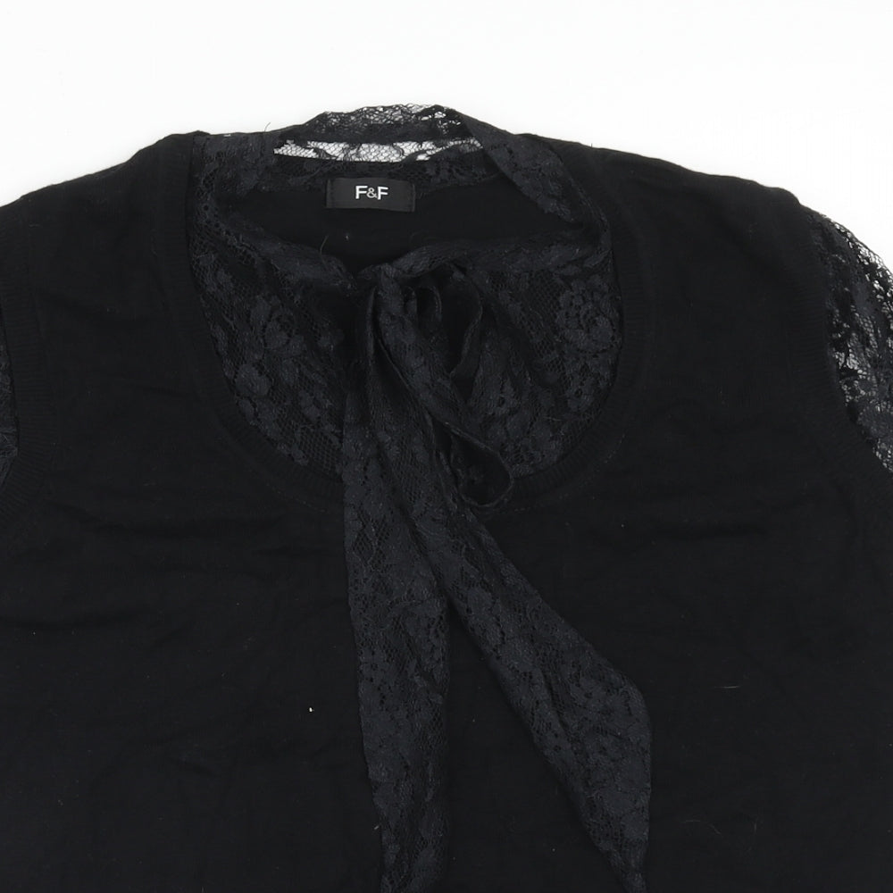 F&F Womens Black Viscose Basic Blouse Size 16 Round Neck - Lace Pussy Bow Detail