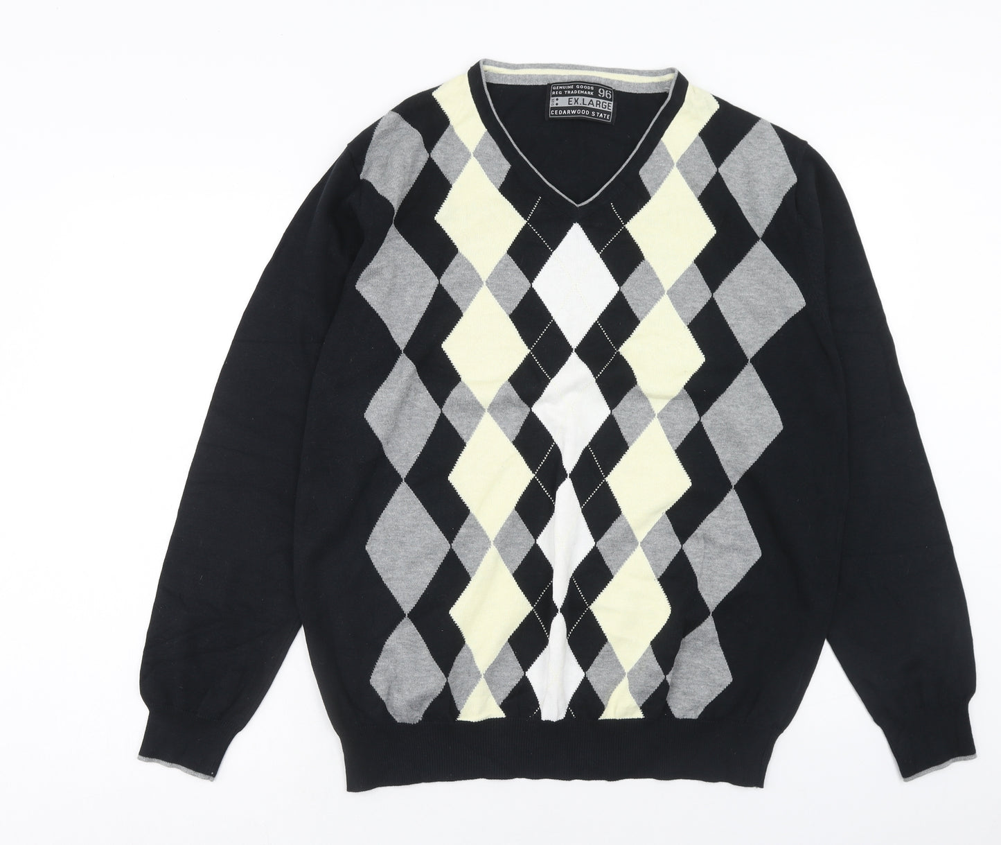 Cedar Wood State Mens Black V-Neck Argyle/Diamond Cotton Pullover Jumper Size XL