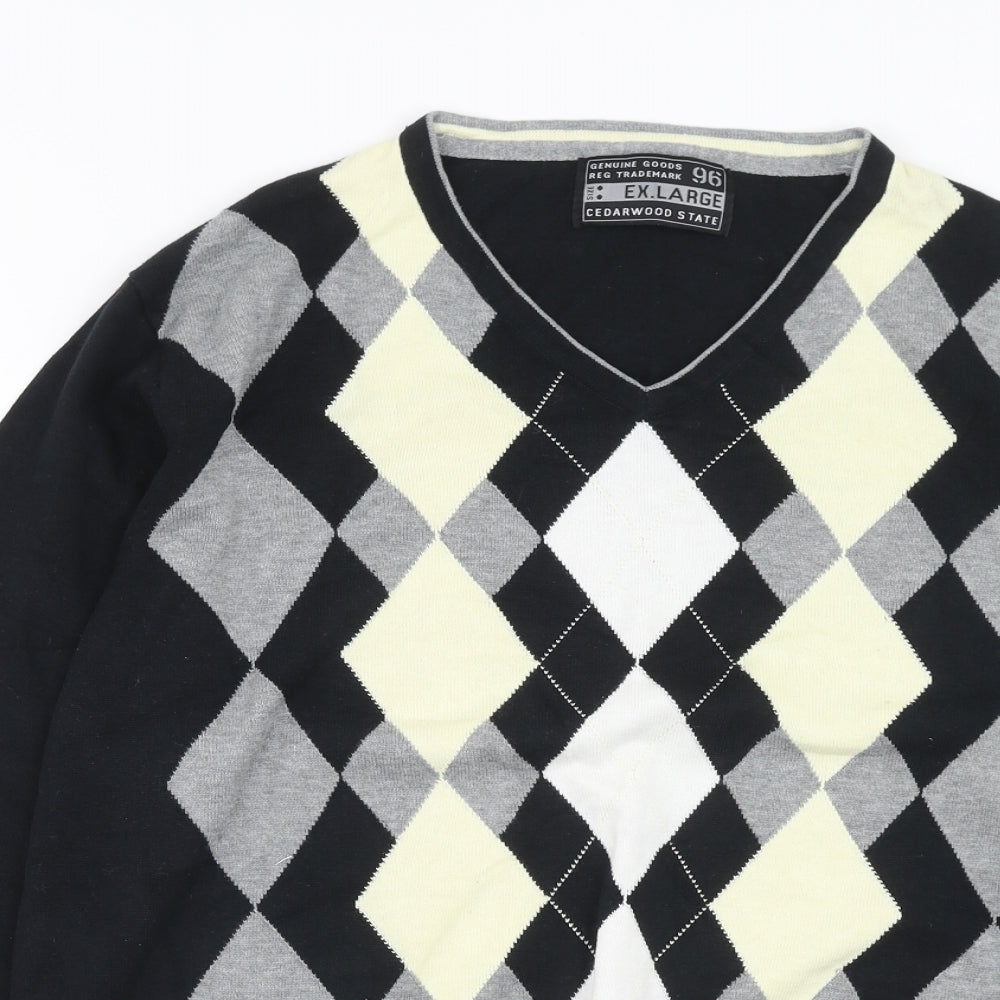 Cedar Wood State Mens Black V-Neck Argyle/Diamond Cotton Pullover Jumper Size XL