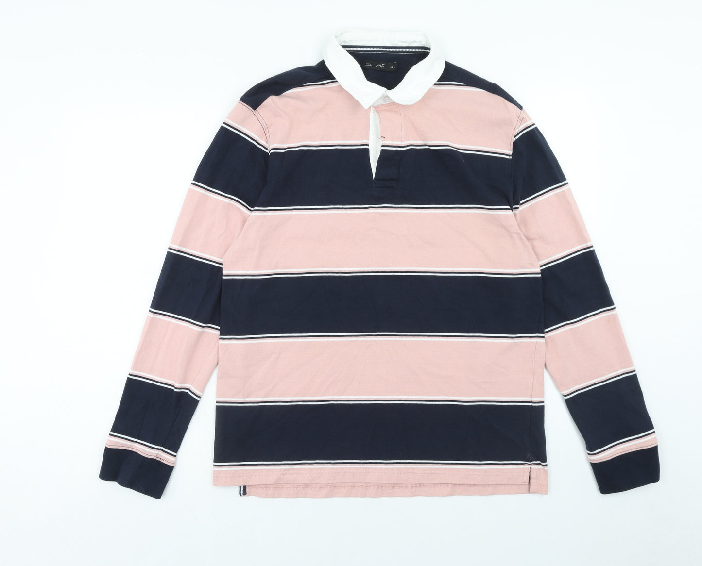 F&F Mens Multicoloured Striped Cotton Polo Size M Collared Button