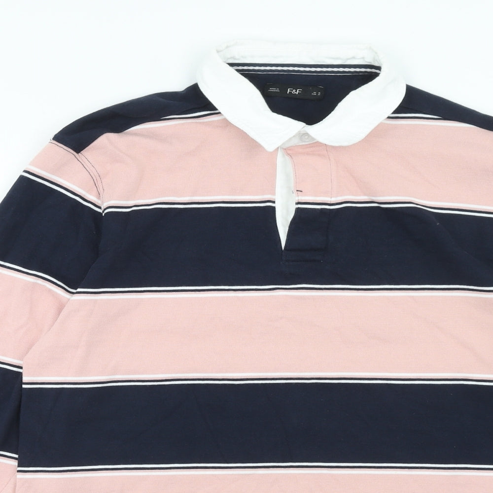 F&F Mens Multicoloured Striped Cotton Polo Size M Collared Button