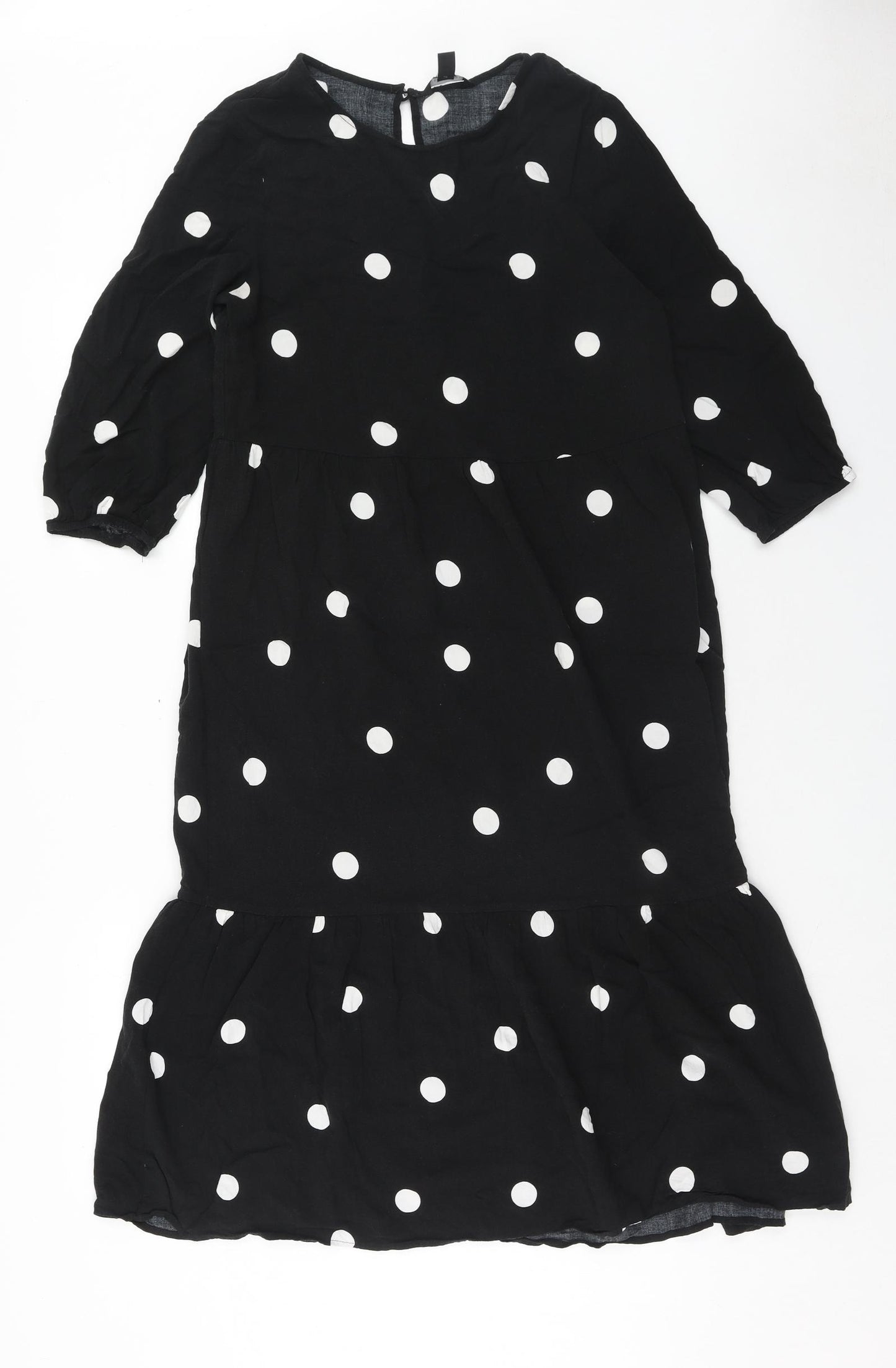 New Look Womens Black Polka Dot Viscose A-Line Size 14 Round Neck Button