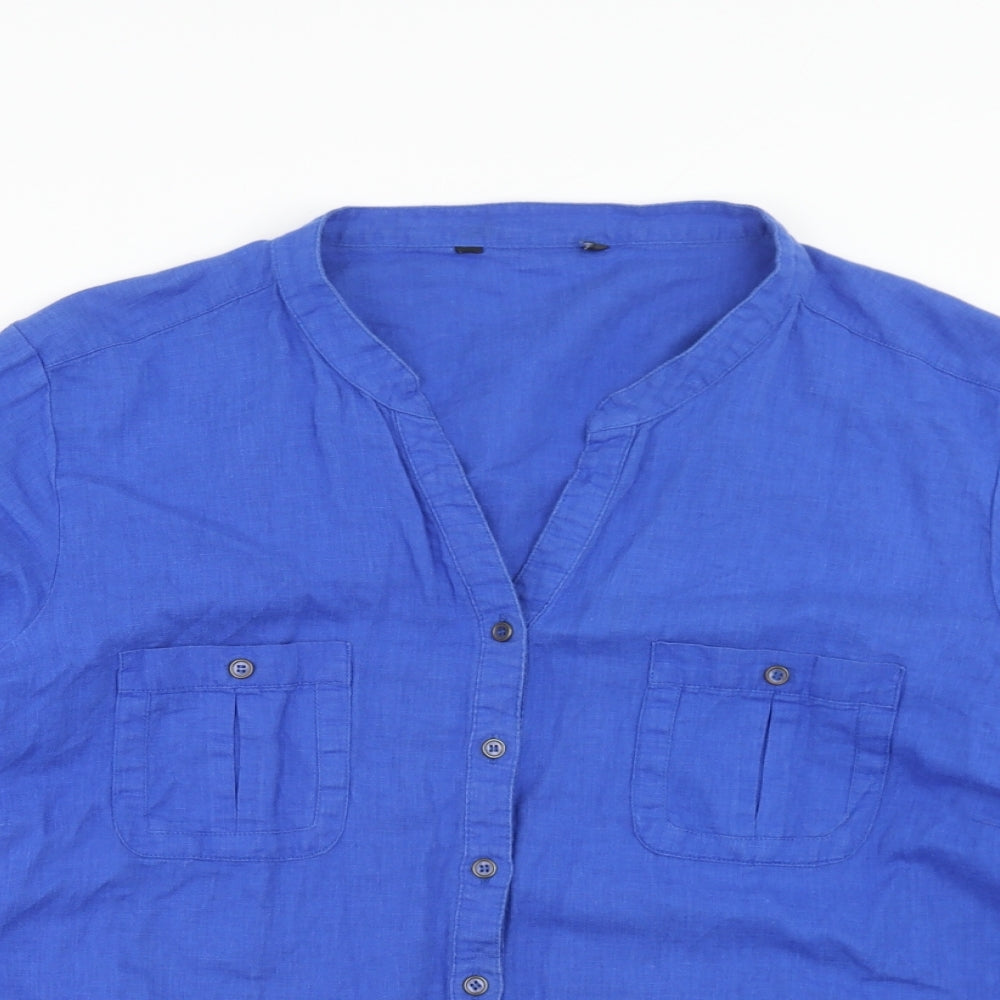Bonmarché Womens Blue Linen Basic Blouse Size 24 V-Neck