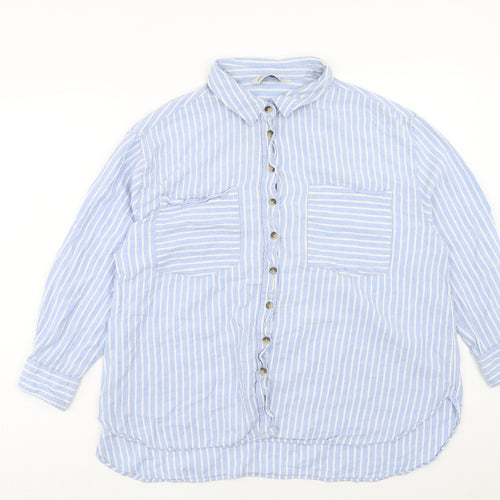 F&F Womens Blue Striped Linen Basic Button-Up Size 16 Collared