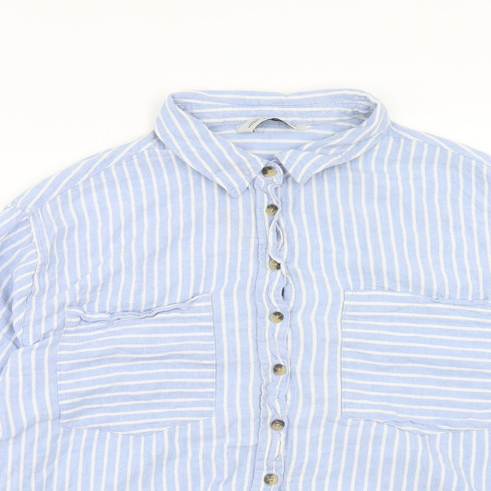 F&F Womens Blue Striped Linen Basic Button-Up Size 16 Collared