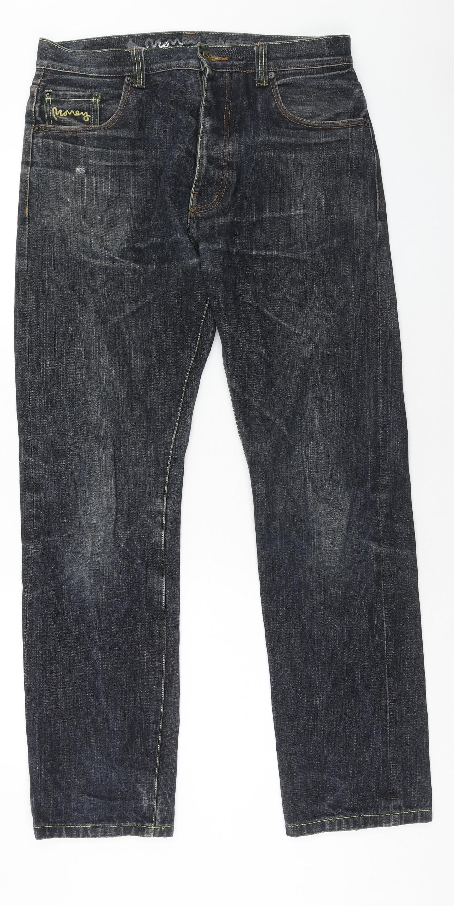 Money Clothing Mens Blue Cotton Straight Jeans Size 32 in Regular Button