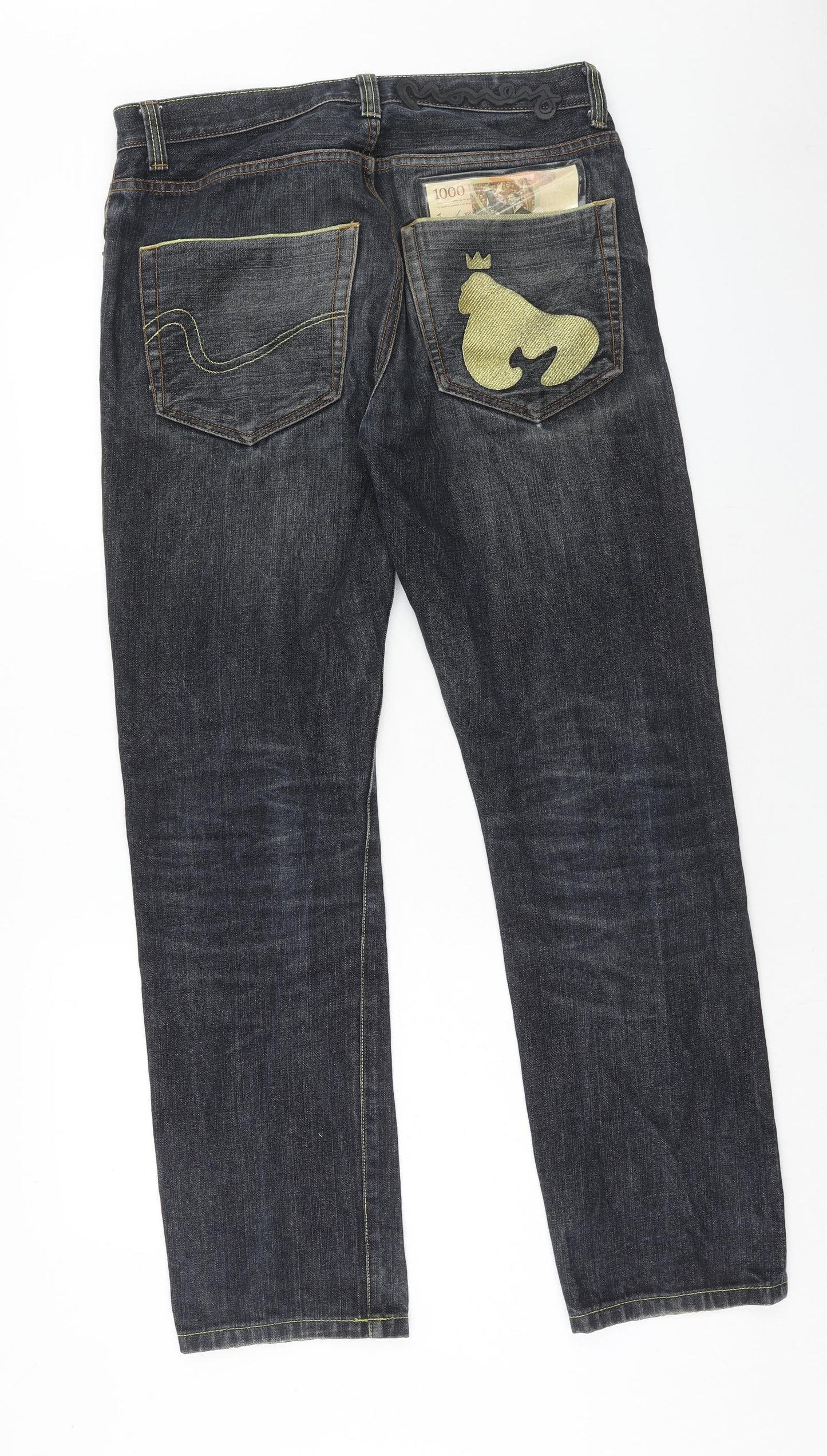 Money Clothing Mens Blue Cotton Straight Jeans Size 32 in Regular Button