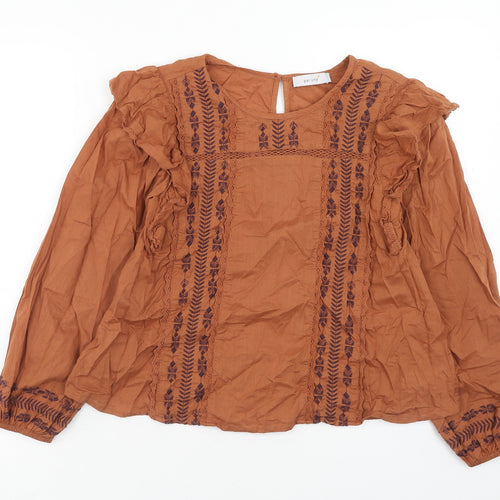 Marks and Spencer Womens Brown Cotton Basic Blouse Size 6 Round Neck