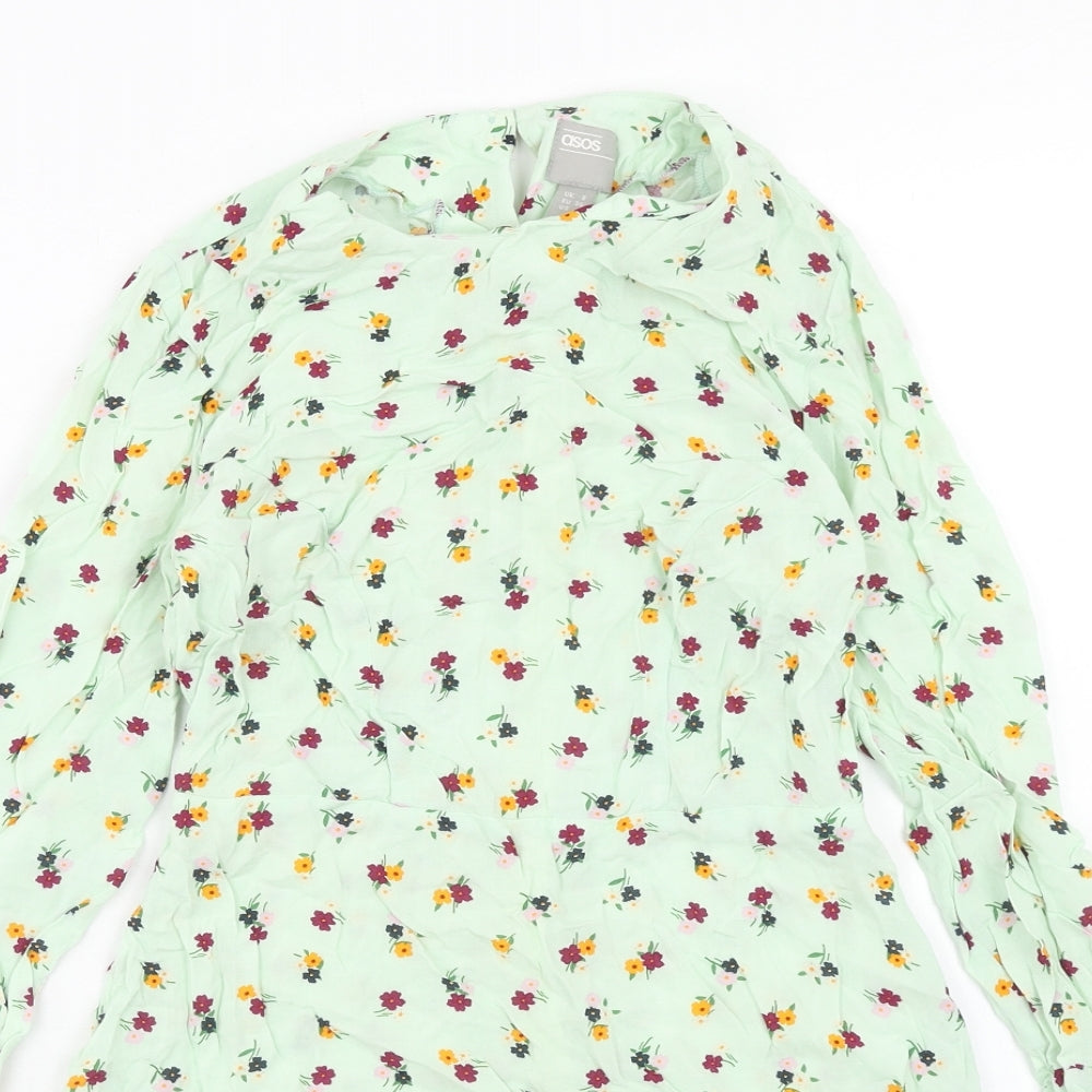 ASOS Womens Green Floral Viscose Mini Size 6 Round Neck Button