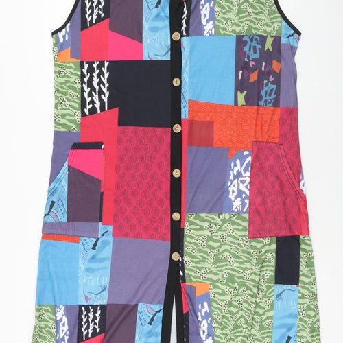 Preworn Womens Multicoloured Geometric Polyester Shift Size M Round Neck Button