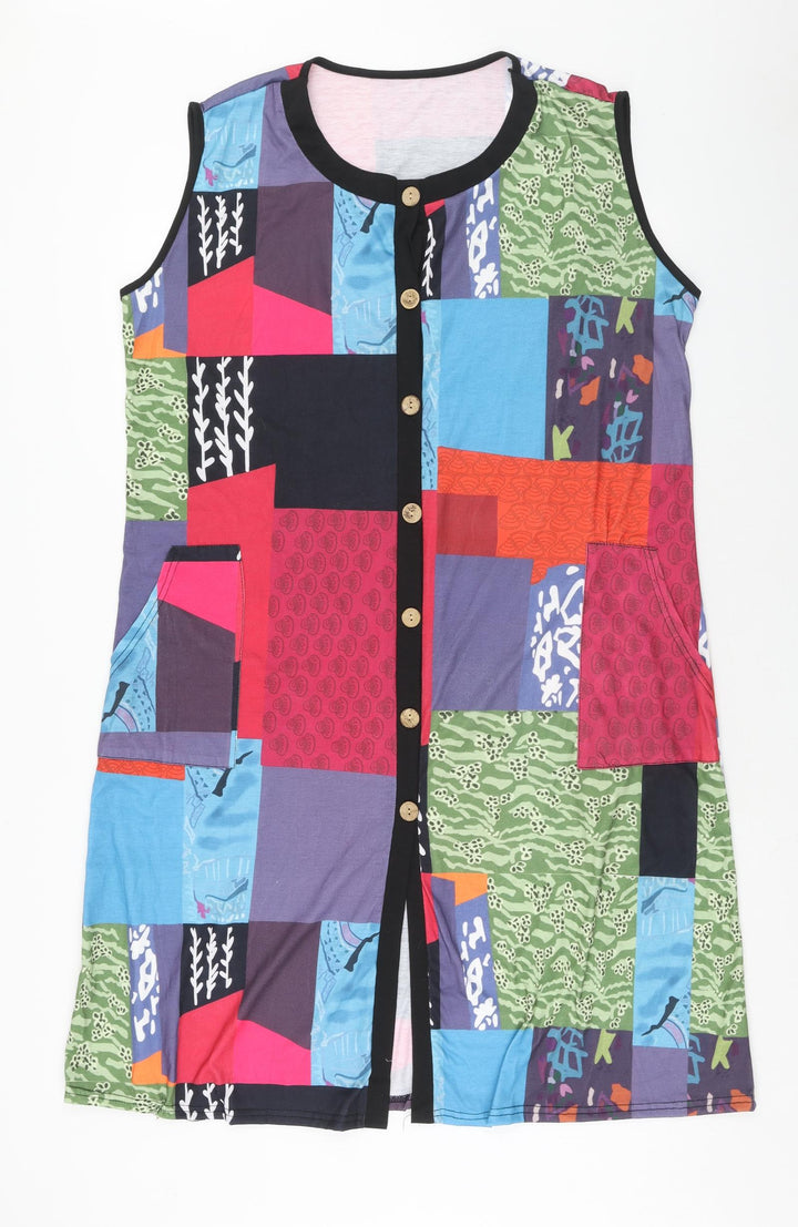 Preworn Womens Multicoloured Geometric Polyester Shift Size M Round Neck Button