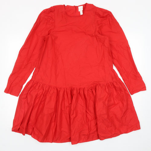 H&M Womens Red Cotton Trapeze & Swing Size 6 Round Neck Button