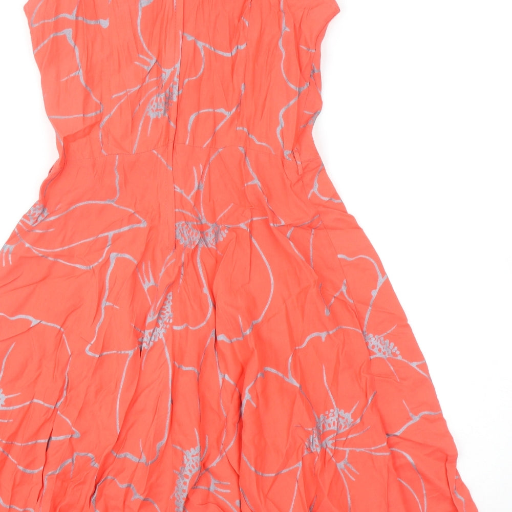 Apricot Womens Orange Floral Viscose Skater Dress Size 8 Scoop Neck Zip