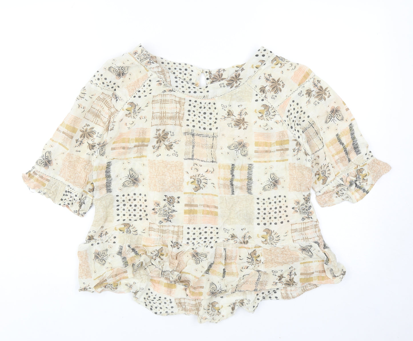 TU Womens Beige Geometric Cotton Basic Blouse Size 12 Scoop Neck