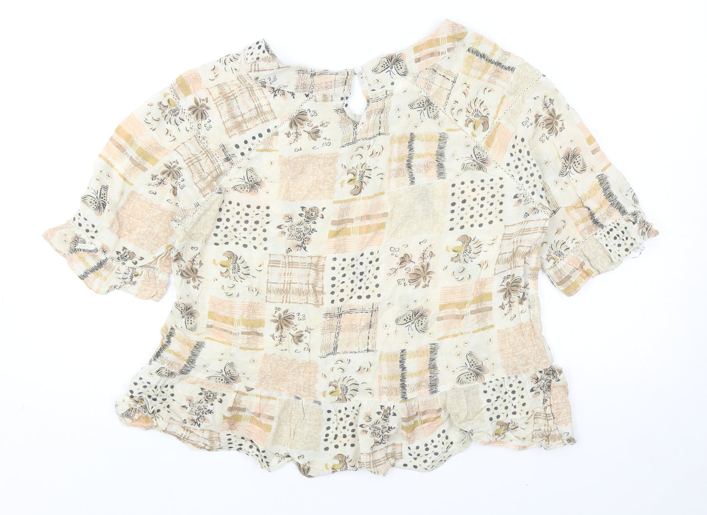 TU Womens Beige Geometric Cotton Basic Blouse Size 12 Scoop Neck