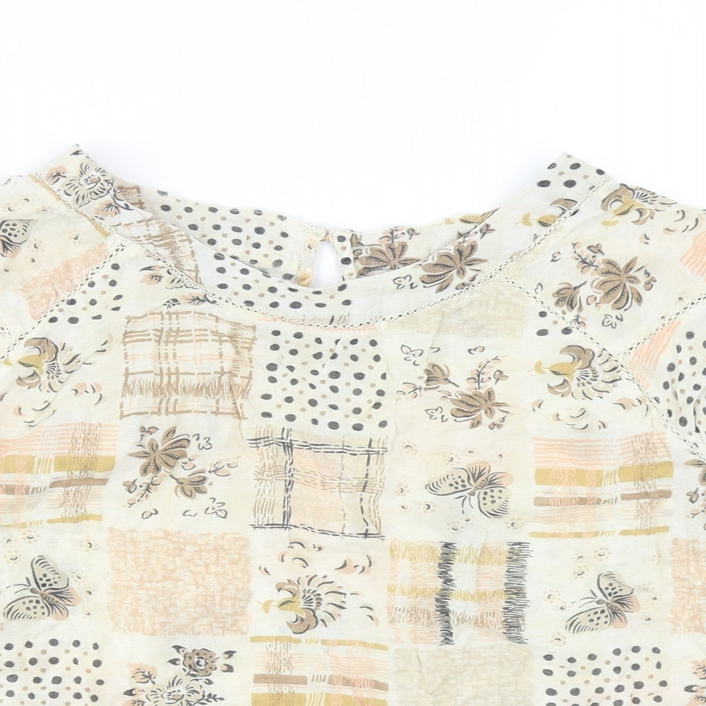 TU Womens Beige Geometric Cotton Basic Blouse Size 12 Scoop Neck