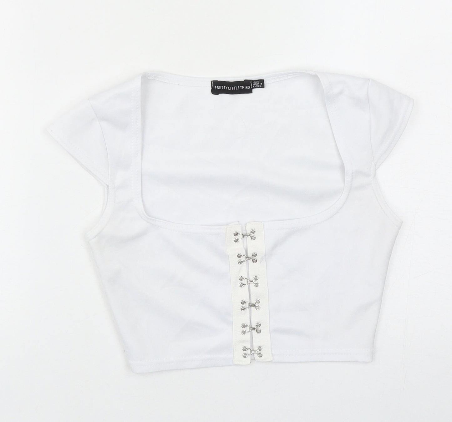 PRETTYLITTLETHING Womens White Polyester Cropped T-Shirt Size 8 Square Neck