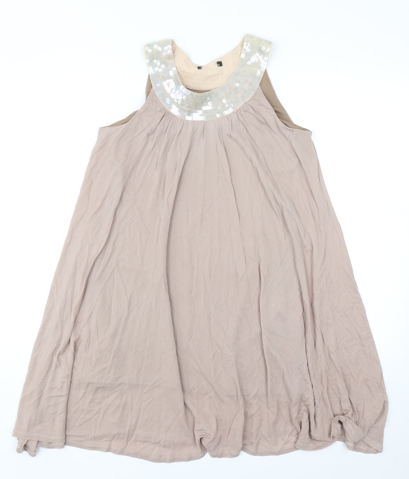 Preworn Womens Beige Polyester Trapeze & Swing Size 10 Round Neck Pullover - Embellished Neckline
