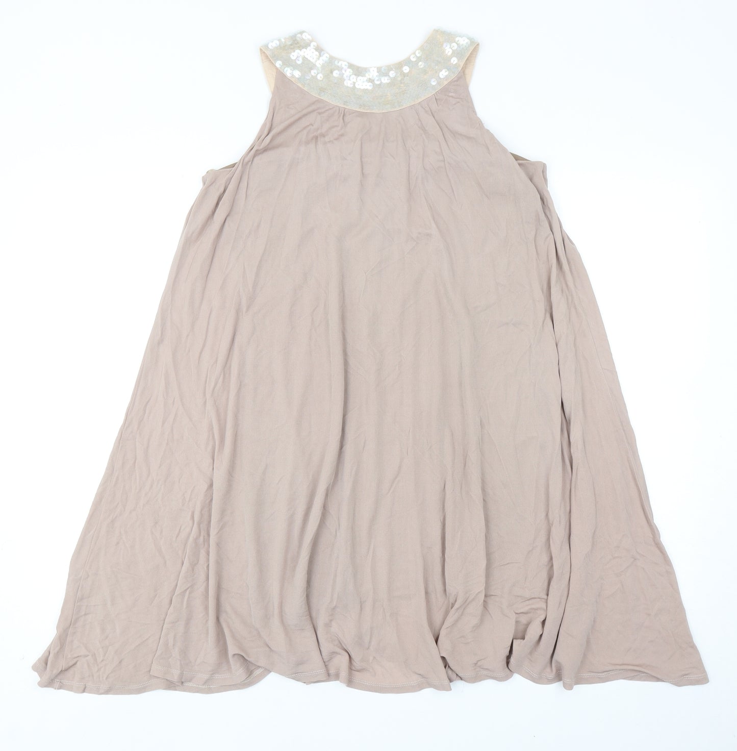 Preworn Womens Beige Polyester Trapeze & Swing Size 10 Round Neck Pullover - Embellished Neckline
