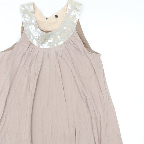 Preworn Womens Beige Polyester Trapeze & Swing Size 10 Round Neck Pullover - Embellished Neckline