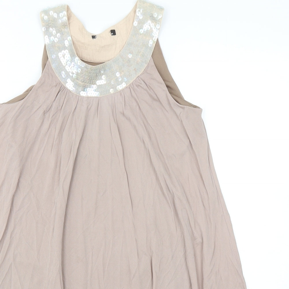 Preworn Womens Beige Polyester Trapeze & Swing Size 10 Round Neck Pullover - Embellished Neckline