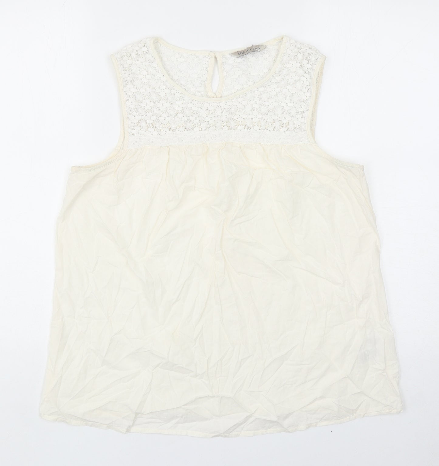 Marks and Spencer Womens Ivory Cotton Basic Tank Size 14 Scoop Neck - Lace Detail