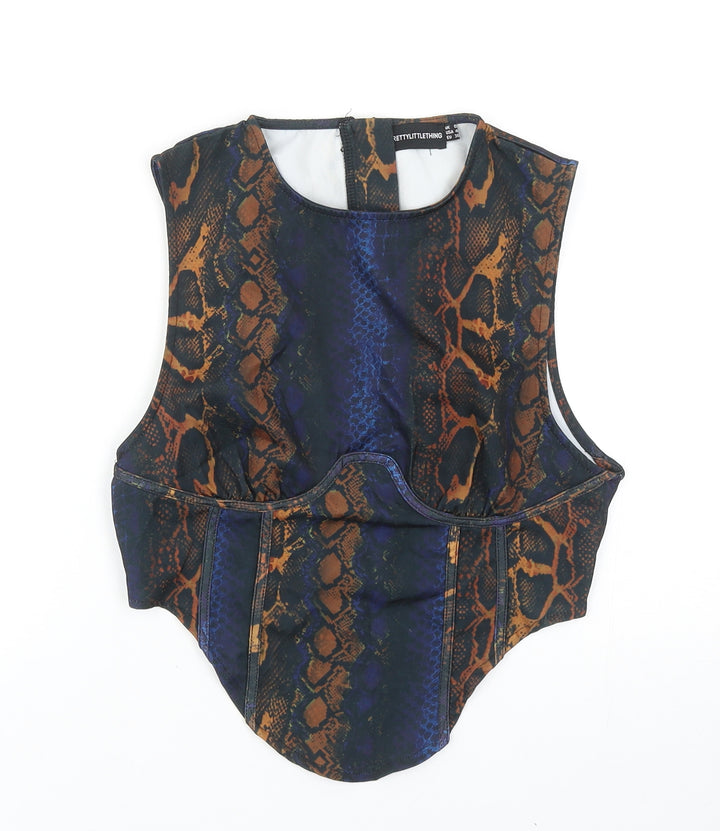 PRETTYLITTLETHING Womens Multicoloured Animal Print Polyester Basic Tank Size 8 Scoop Neck - Snake Skin Print