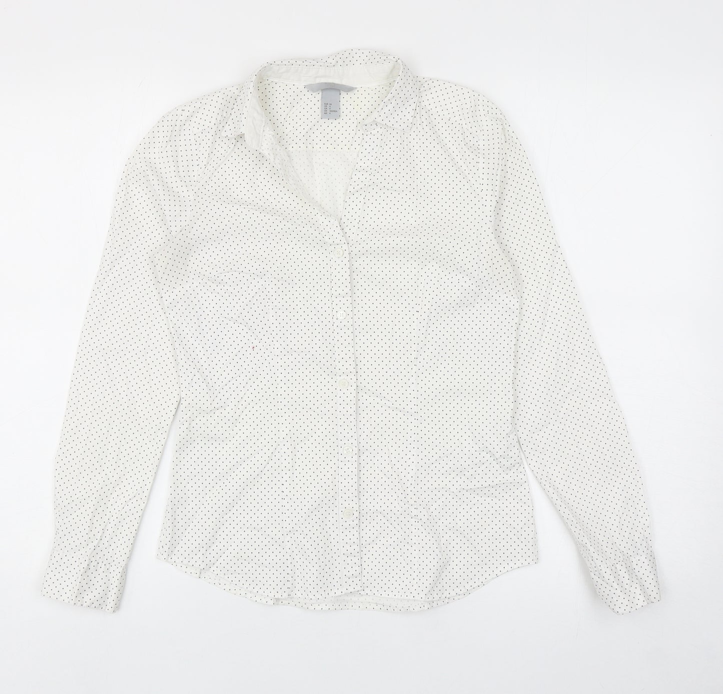 H&M Womens White Polka Dot Cotton Basic Button-Up Size 6 Collared