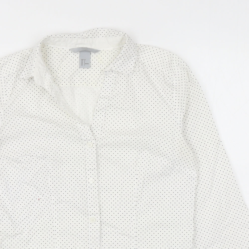 H&M Womens White Polka Dot Cotton Basic Button-Up Size 6 Collared