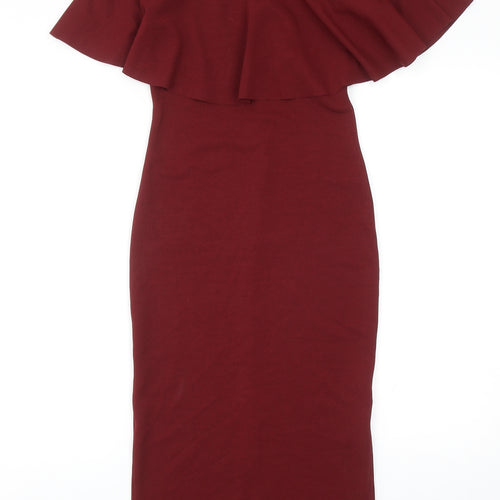 PRETTYLITTLETHING Womens Red Polyester Pencil Dress Size 8 Off the Shoulder Pullover