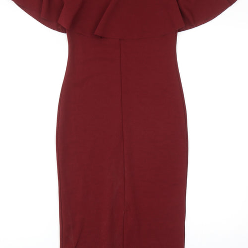 PRETTYLITTLETHING Womens Red Polyester Pencil Dress Size 8 Off the Shoulder Pullover