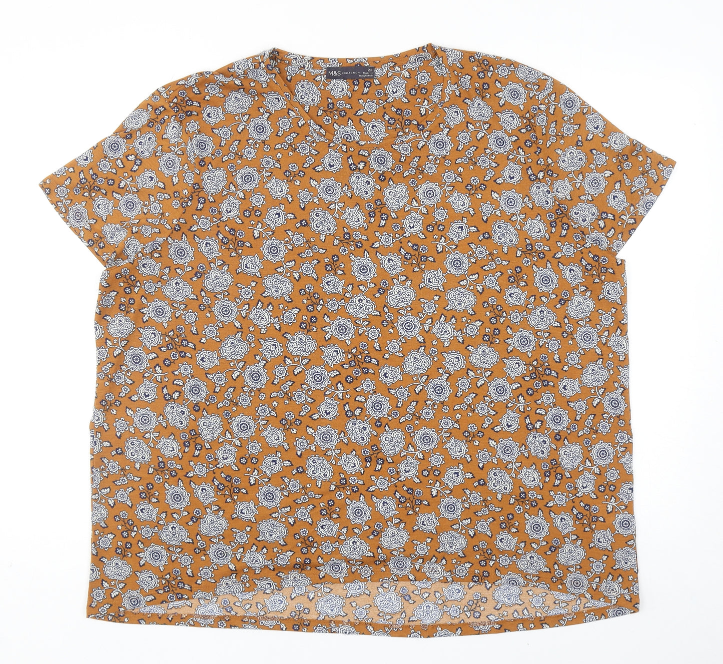 Marks and Spencer Womens Brown Floral Polyester Basic T-Shirt Size 22 Scoop Neck