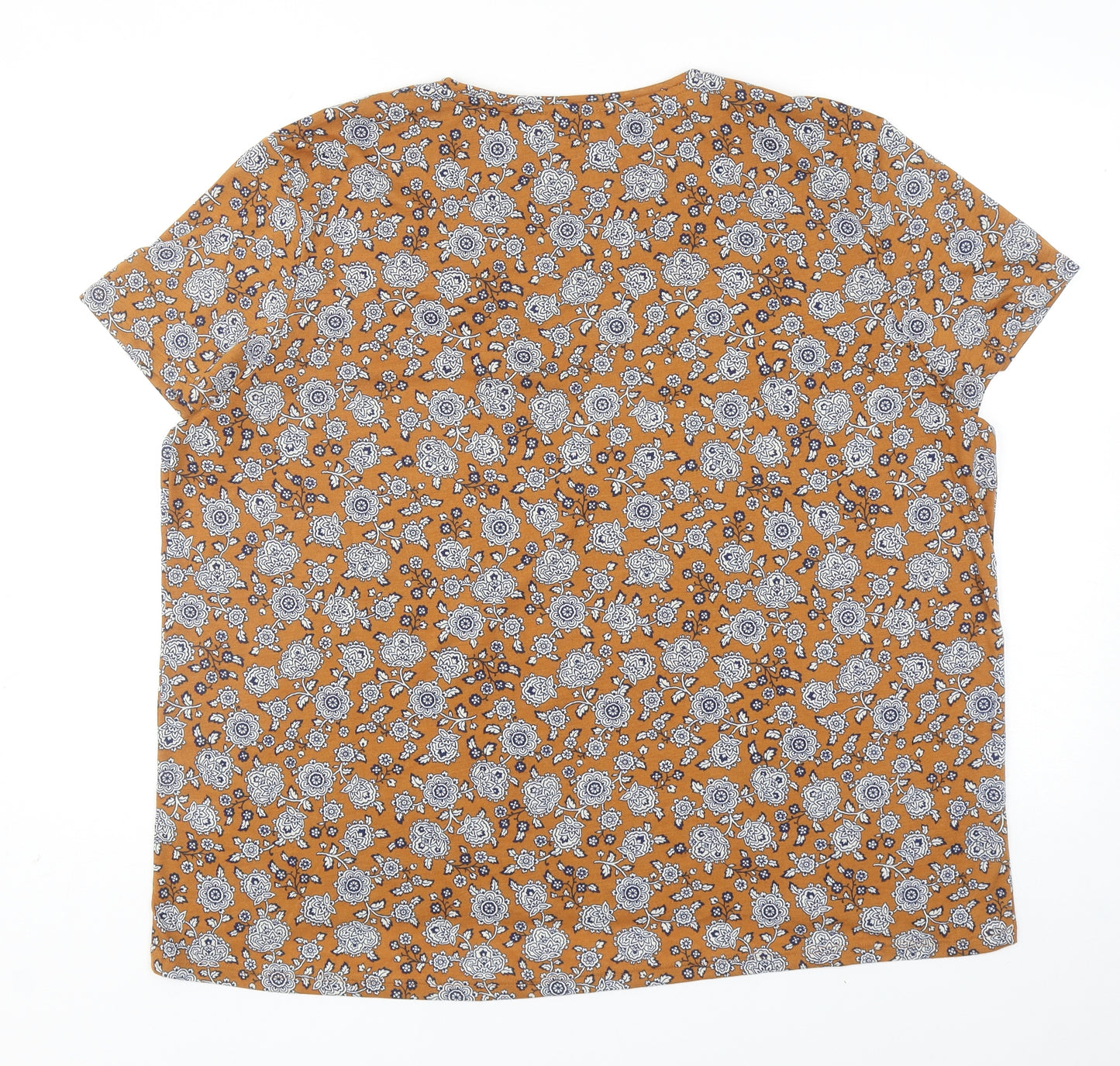 Marks and Spencer Womens Brown Floral Polyester Basic T-Shirt Size 22 Scoop Neck