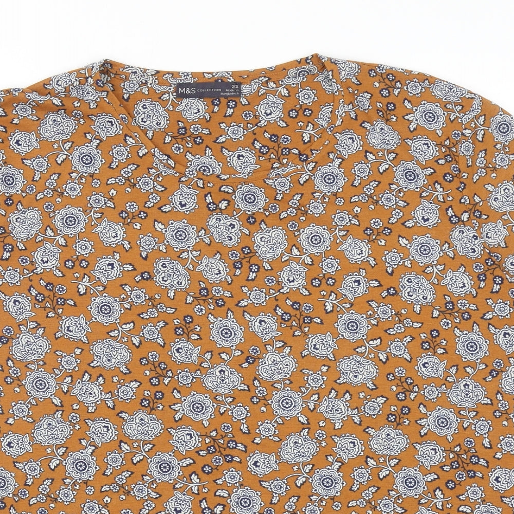 Marks and Spencer Womens Brown Floral Polyester Basic T-Shirt Size 22 Scoop Neck