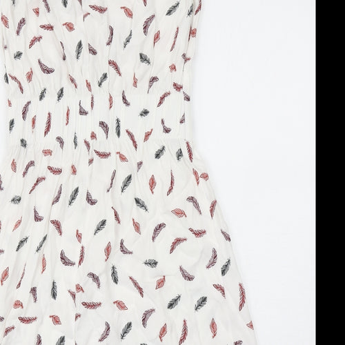 H&M Womens White Geometric Viscose Fit & Flare Size 6 Round Neck Button - Feather Print