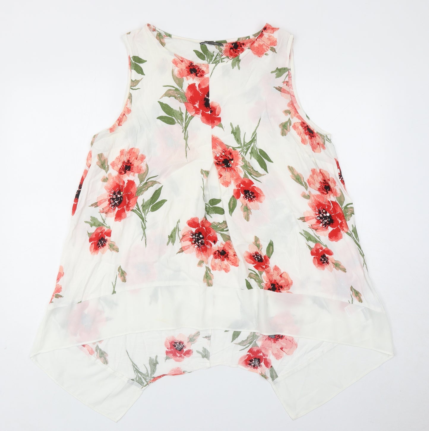 Bonmarché Womens White Floral Viscose Basic Tank Size 18 Boat Neck - Chiffon Hem