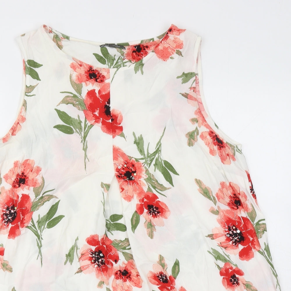 Bonmarché Womens White Floral Viscose Basic Tank Size 18 Boat Neck - Chiffon Hem