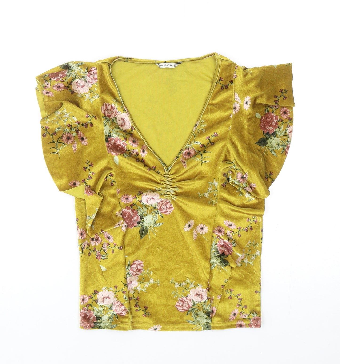 Stradivarius Womens Yellow Floral Polyester Basic Blouse Size S V-Neck