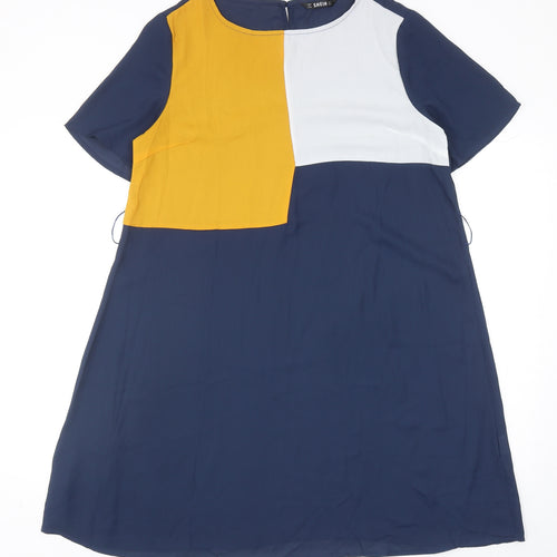SheIn Womens Blue Colourblock Polyester Shift Size L Boat Neck Button